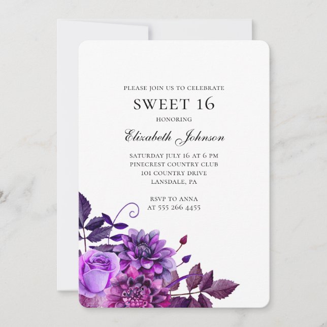 Floral sweet 16. Purple flowers 16th birthday Invitation (Front)