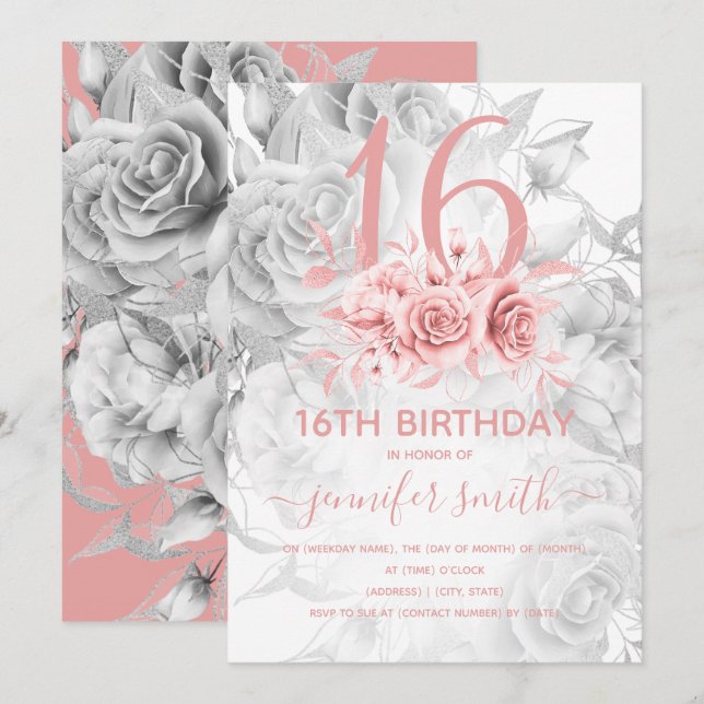 Floral Sweet 16th Girly Rose Gold & Silver Invitation (Front/Back)