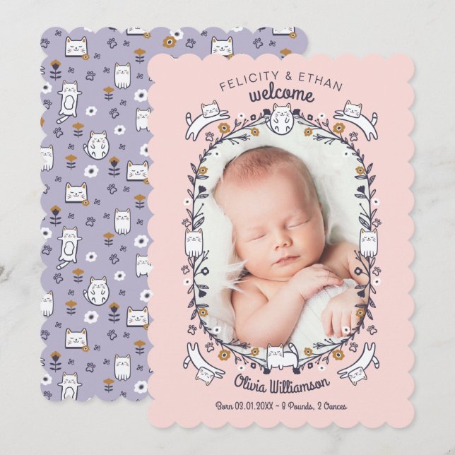 Floral Sweet Little kitty Cat Birth Announcement (Front/Back)