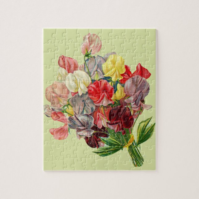Floral Sweet Peas Pink Red Yellow Grey Bouquet Jigsaw Puzzle (Vertical)