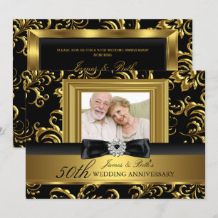 Floral Swirl Bow Photo 50th Wedding Anniversary Invitation