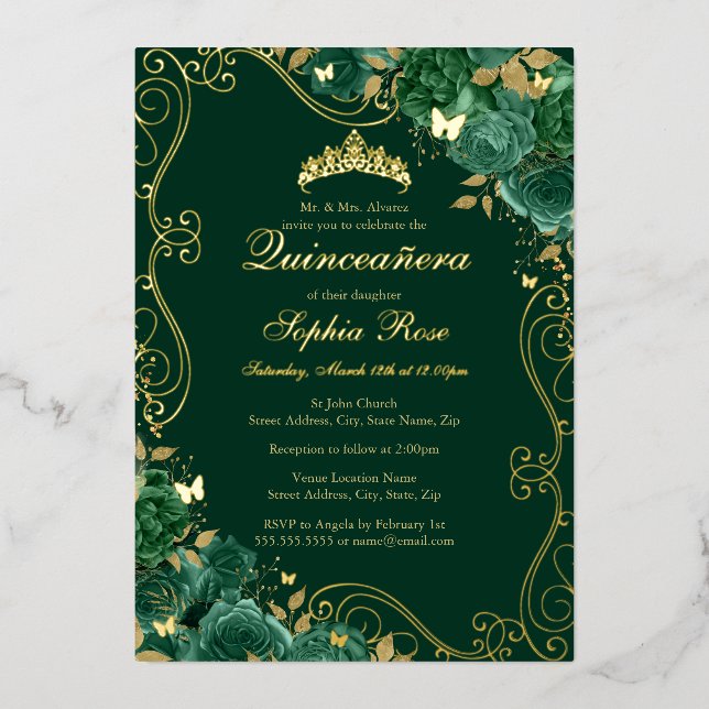 Floral Swirl Butterfly Emerald Quinceanera Foil (Front)