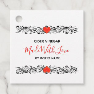 Floral swirl heart homemade with love square favour tags