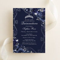 Floral Swirl Navy Silver Butterfly Quinceanera