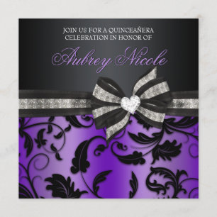 Floral Swirl Quinceañera Invite With Jewelled Bow