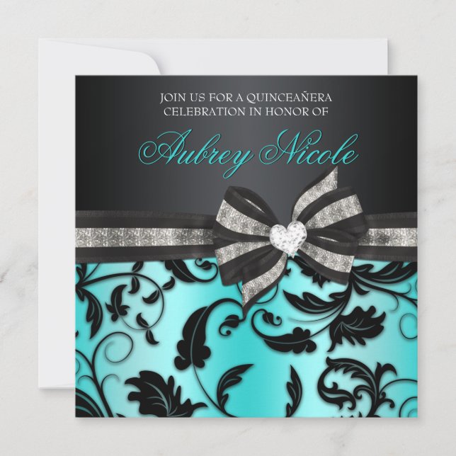 Floral Swirl Quinceañera Invite With Jewelled Bow (Front)
