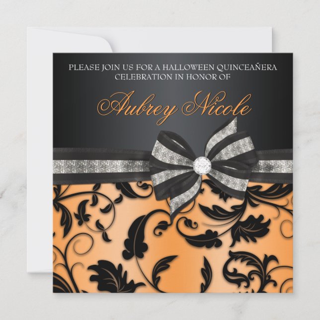 Floral Swirl Quinceañera Invite With Jewelled Bow (Front)