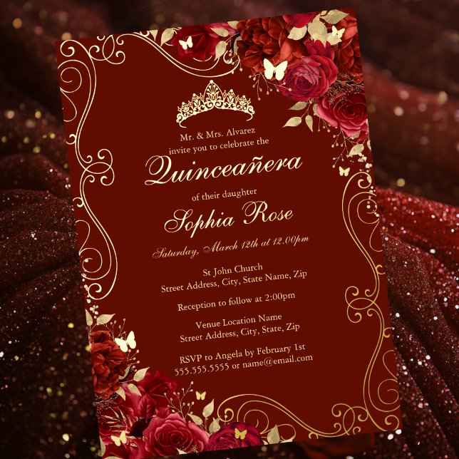 Floral Swirl Red Gold Butterfly Quinceanera (Creator Uploaded)