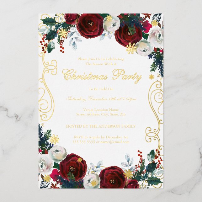 Floral Swirl Red Gold Christmas Party  (Front)