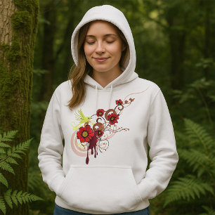 Floral Swirl with Red Flowers and Hummingbird  Hoodie