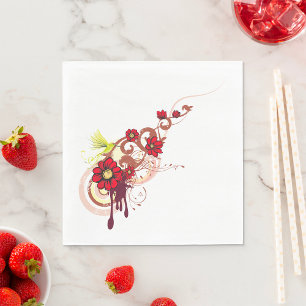 Floral Swirl with Red Flowers and Hummingbird  Napkin
