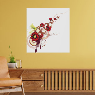 Floral Swirl with Red Flowers and Hummingbird  Poster
