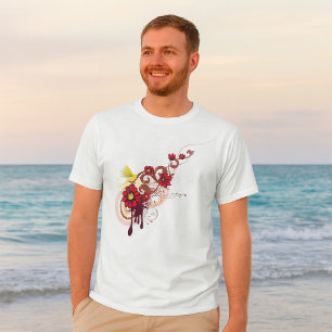 Floral Swirl with Red Flowers and Hummingbird  T-Shirt