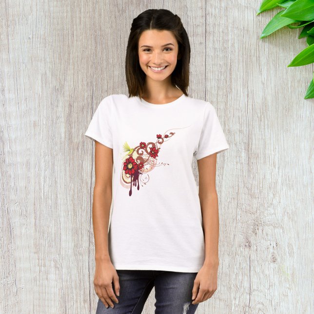 Floral Swirl with Red Flowers and Hummingbird  T-Shirt (Creator Uploaded)