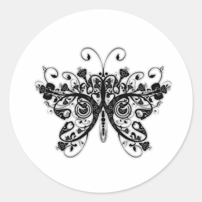 Floral Swirls Butterfly - Black & White Classic Round Sticker (Front)
