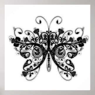 Floral Swirls Butterfly - Black & White Poster