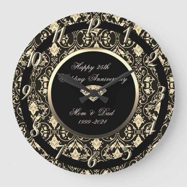  Floral Swirls Diamond Black 25th Wedding  Large Clock (Front)