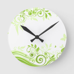Floral Swirls in Hues of Fresh Green Round Clock