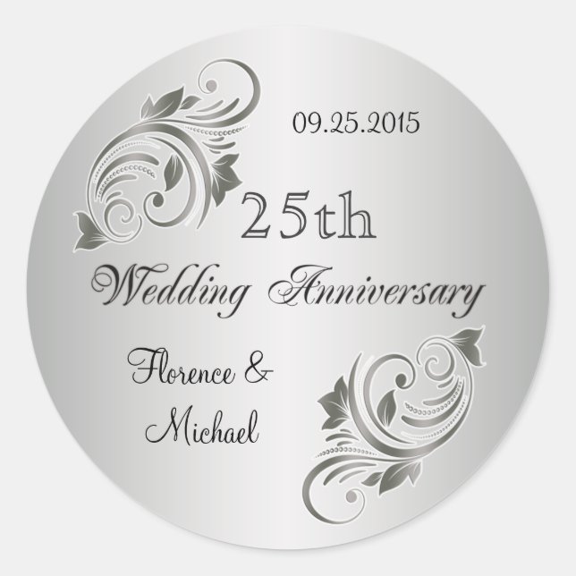 Floral swirls silver grey Anniversary Sticker (Front)