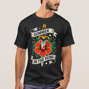 Floral Sword Emblem Vibrant Hibiscus Summer T-Shirt