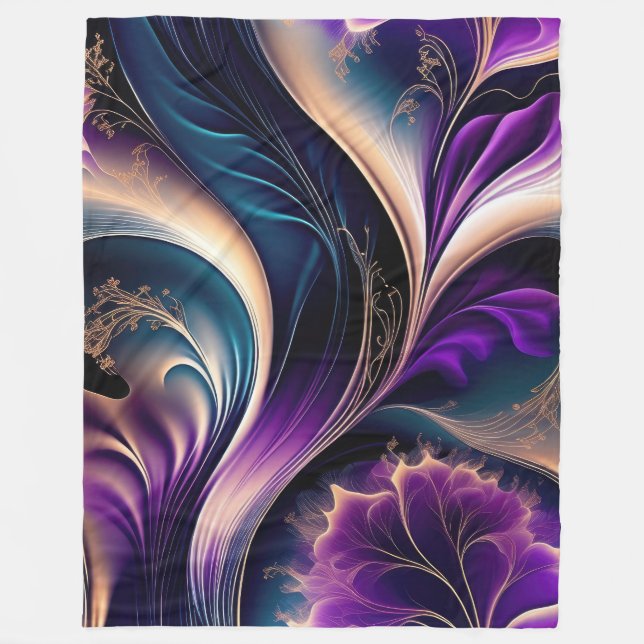 Floral Symphony - Deep Purple and Gold Abstract Fleece Blanket (Front)