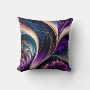 Floral Symphony - Deep Purple - Gold Abstract Art Cushion