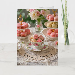 Floral table, teacups, tiered trays macarons queen foil greeting card