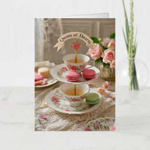 Floral table, teacups, tiered trays macarons queen foil greeting card