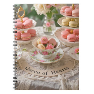 Floral table, teacups, tiered trays macarons queen notebook