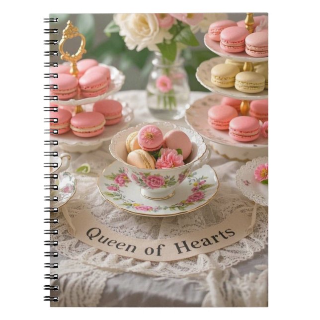 Floral table, teacups, tiered trays macarons queen notebook (Front)