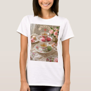 Floral table, teacups, tiered trays macarons queen T-Shirt