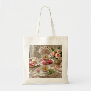 Floral table, teacups, tiered trays macarons queen tote bag