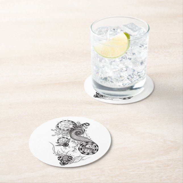 Floral Tangle Drawing -  Round Paper Coaster (Insitu)