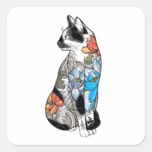 Floral Tattoo Cat Illustration – Vibrant, Artistic Square Sticker