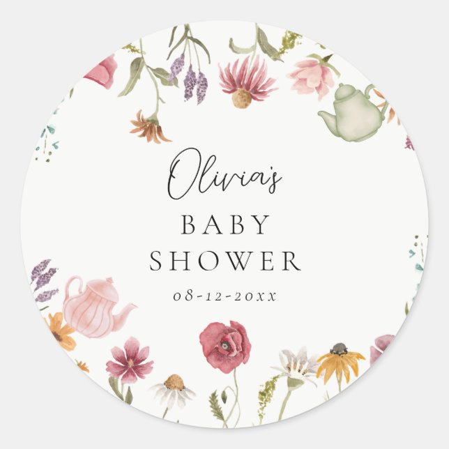 Floral Tea Baby Shower Stickers (Front)