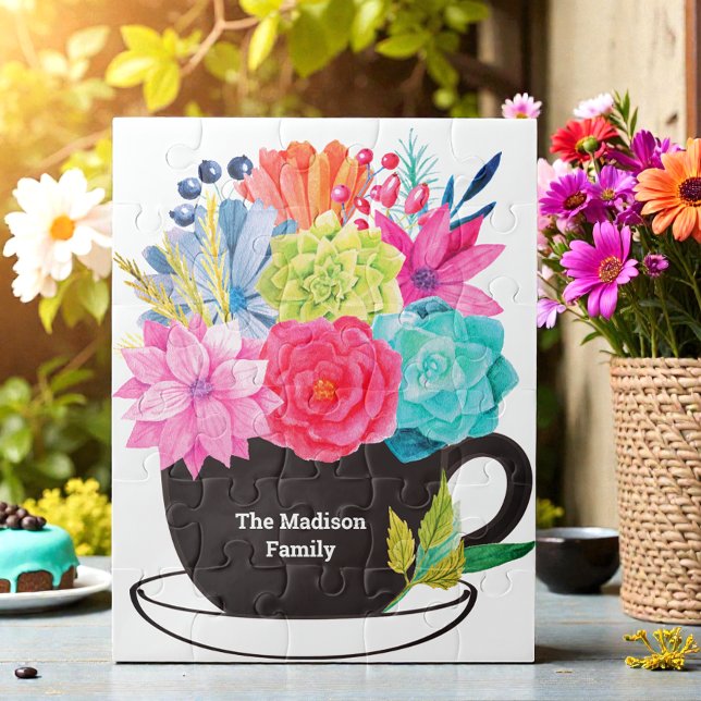 Floral Tea Coffee Cup Pink Blue Red Family Name Jigsaw Puzzle (Creator Uploaded)