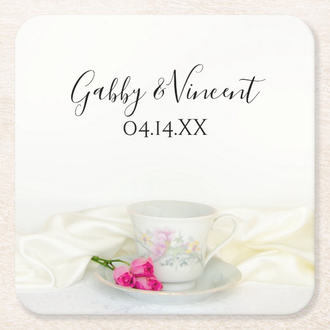 Floral Tea Cup and Pink Roses Wedding Square Paper Coaster (Front)
