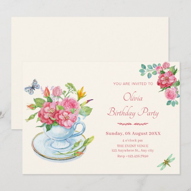 Floral tea cup birthday invitation (Front/Back)