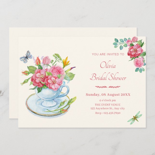 Floral tea cup bridal shower invitation (Front/Back)