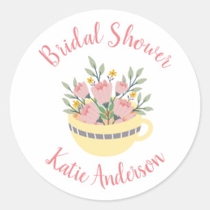 Floral Tea Cup Calligraphy Bridal Shower Classic Round Sticker