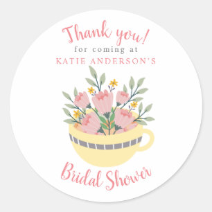 Floral Tea Cup Calligraphy Bridal Shower Thank you Classic Round Sticker