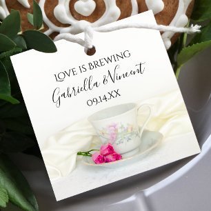 Floral Tea Cup Pink Roses Love is Brewing Wedding Favour Tags