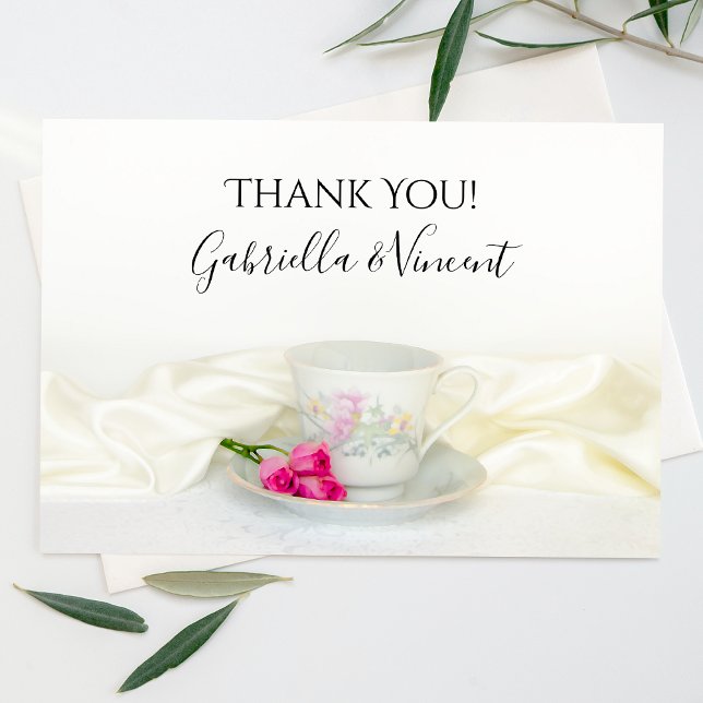 Floral Tea Cup Pink Roses Wedding Thank You Note Card (Creator Uploaded)