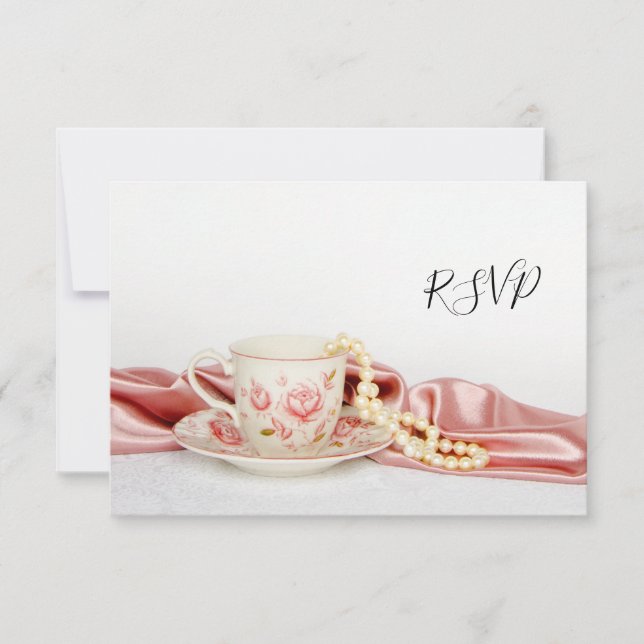 Floral Tea Cup with Pearls Wedding RSVP Reply Card (Front)