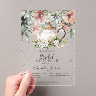 Floral Tea CupBrush Stroke Bridal Shower Acrylic Invitations