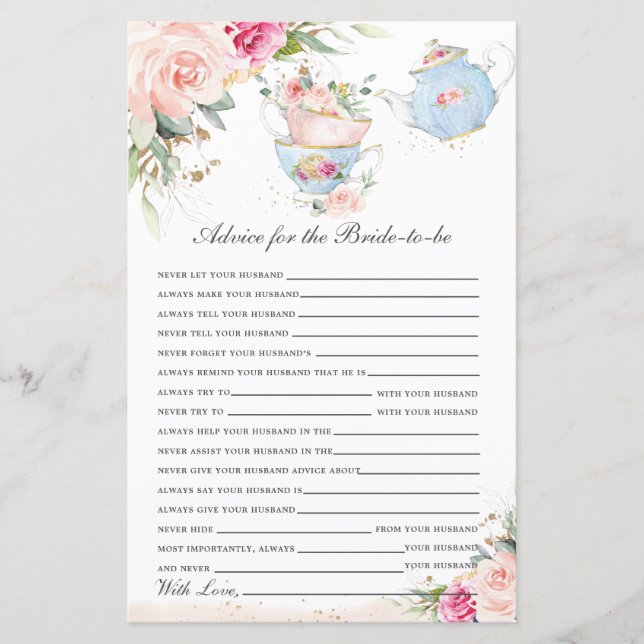 Floral Tea Party Advice for the Bride to Be Game (Front)