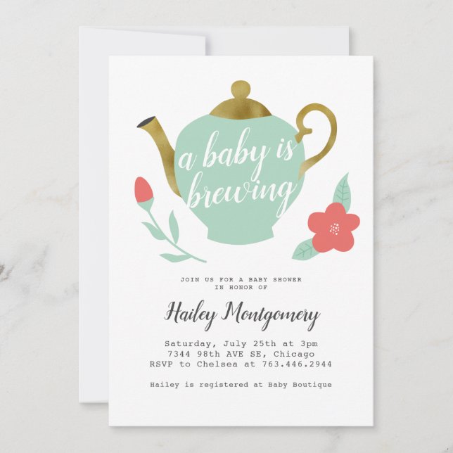 Floral Tea Party Baby Shower Baby Is Brewing Invitation (Front)