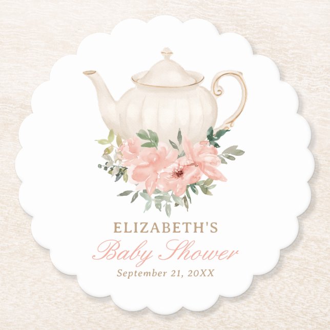 Floral Tea Party Baby Shower Paper Coaster (Front)