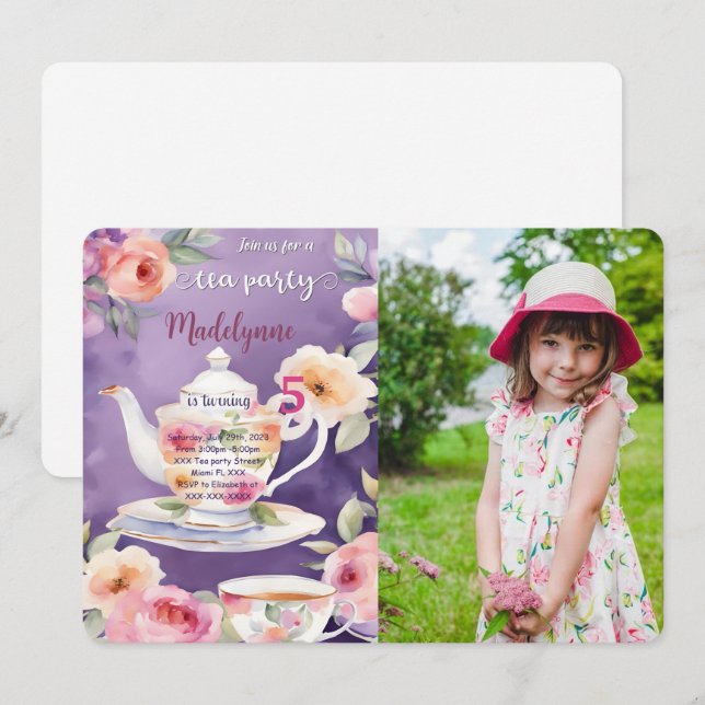 Floral Tea Party Birthday Party Photo Invitation (Front/Back)