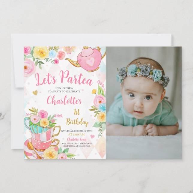 Floral Tea Party Birthday Photo Invitation (Front)